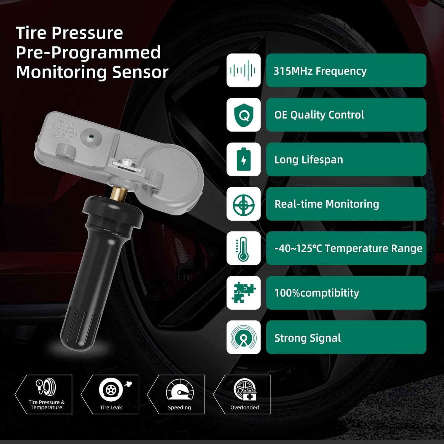 TPMS Sensor, 4Pack 315MHz Tire Pressure Monitor Sensors Compatible with Buick GMC Chevy Cadillac Replace#13581558 13598771,13598772,13586335,20923680