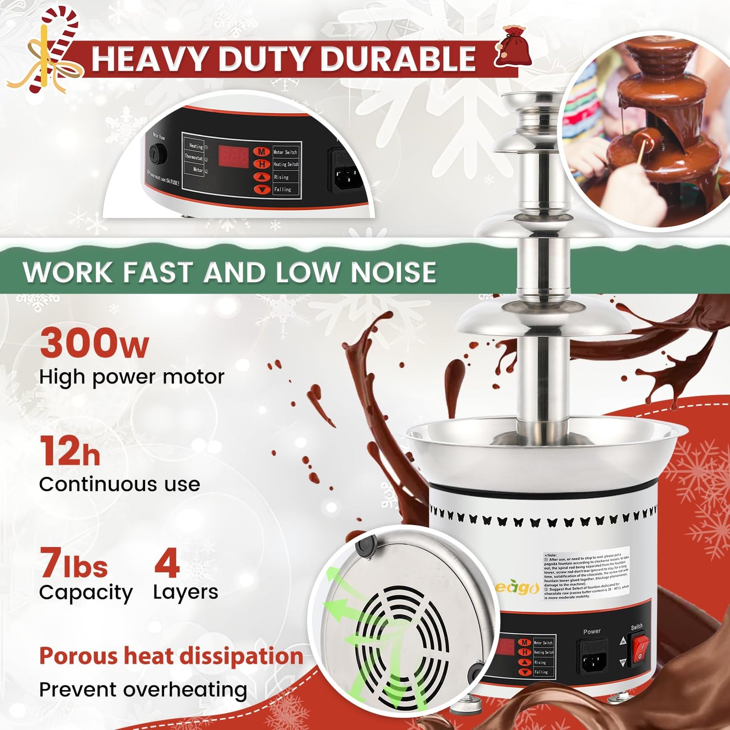 Flyseago Commercial Chocolate Fountain 4 Tiers 7Lbs Large Chocolate Waterfall Stainless Steel Chocolate Heating Melting Fondue Machine Easy to Assemble for Cheese BBQ Sauce Ranch Digital-control