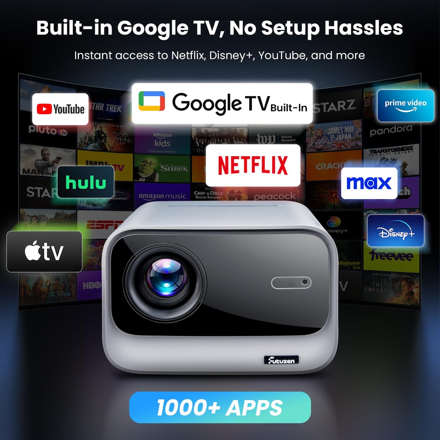 [Official Google TV]Smart Projector 4K Supported with WiFi & Bluetooth, Outdoor Movie Projector with Auto Focus, Home Theater Proyector with 1000+ Apps Portable Gaming Proyector for Bedroom/Celling