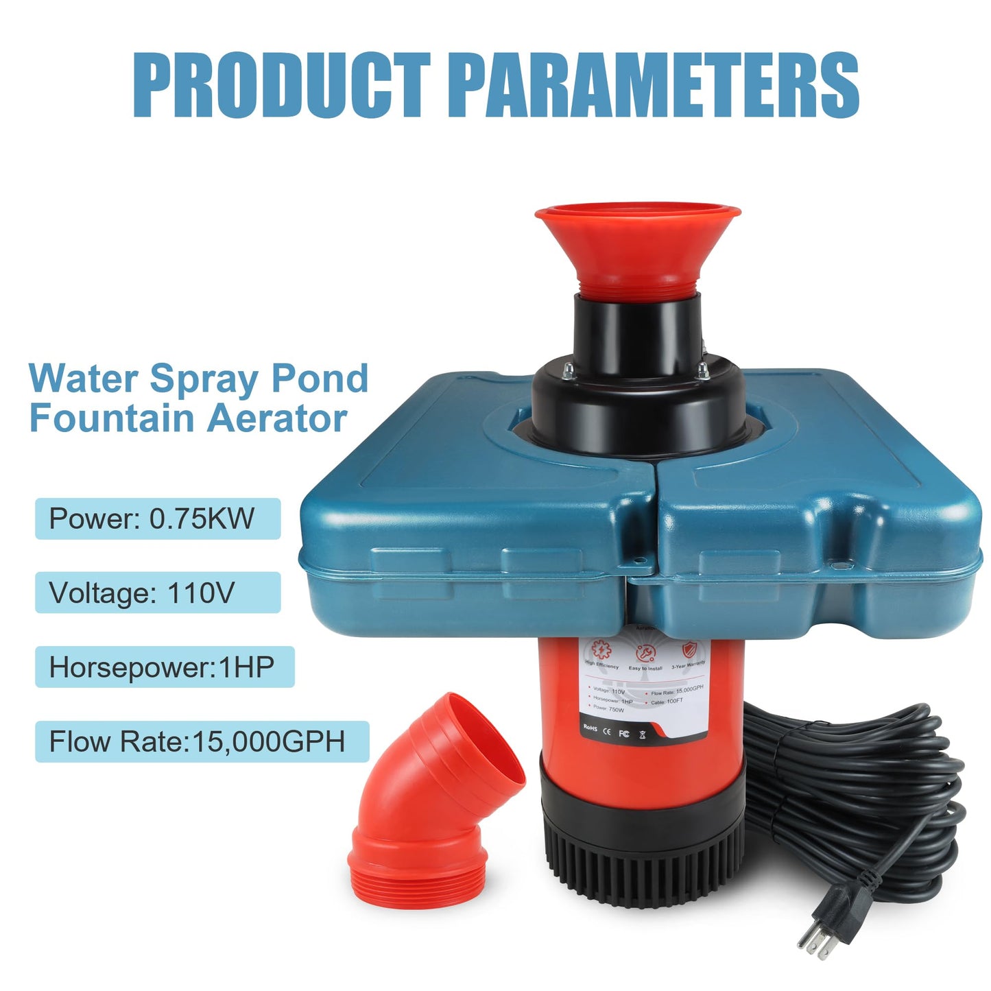 Goldlife Pond Fountain Aerator, F1-4 1HP 750W 110V PowerfuI Floating Pond Fountain Pump With 100 FT Power Cord, Outdoor Pond Aerating Fountains Cascade Pump for Small Large Ponds Lake Pond Jet System