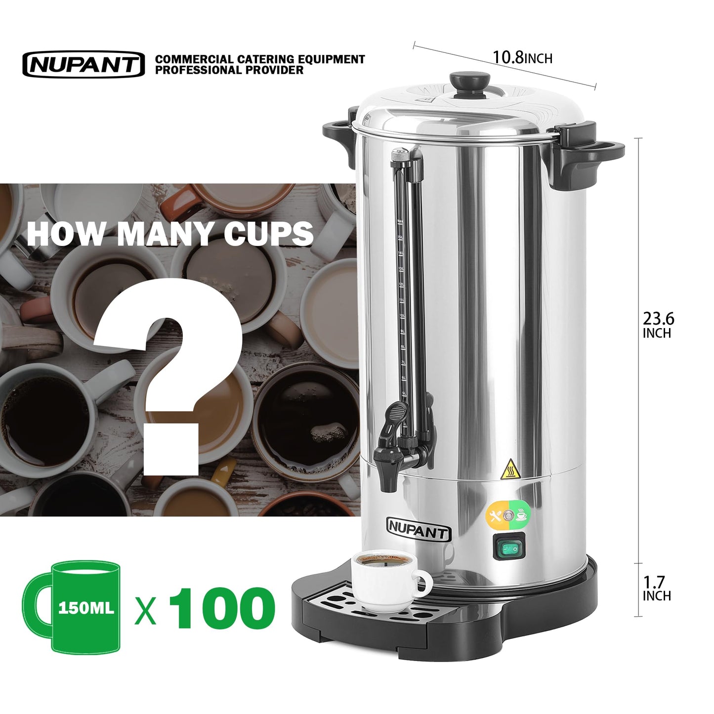 Commercial Coffee Urn 100 Cup/15L Coffee Dispenser with Upgraded Percolator, 304 Stainless Steel Hot Water Urn Beverage Dispenser with Keep Warm Mode, Large Coffee Maker for Catering Party