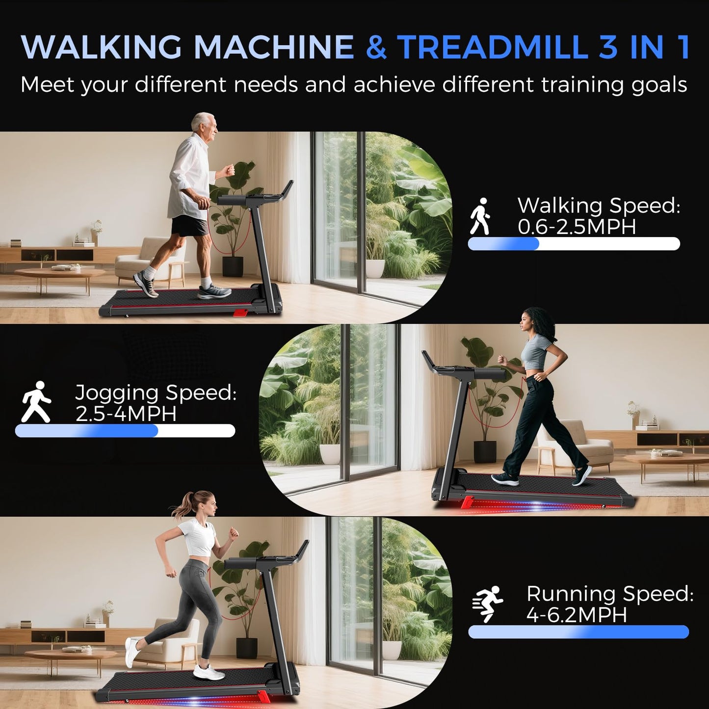 Treadmill with Incline 3-in-1 Portable Treadmills for Home Small, Incline Walking Pad Treadmill with Handle Bar, Walking Pad Foldable with 3.0HP Quiet Brushless, LED Dispay, 300LBS Capacity Black
