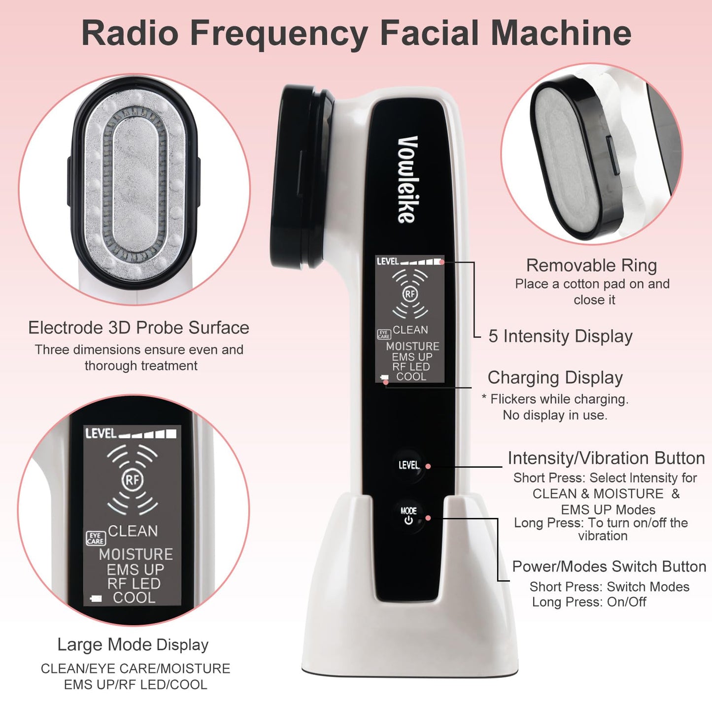 Microcurrent Facial Device, Vowleike 10 Key Benefits Skincare Face Massager with Stand, Rechargeable 6 in 1 Vibrating Facical Tool for Neck, Face and Body for Women, Ivory White