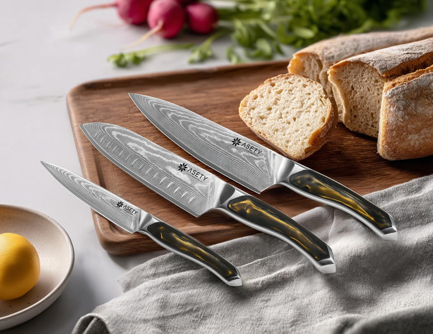 ASETY Damascus Knife Set 3 PCS: Ultra-Sharp Professional Chef Knife Set, Japanese Kitchen Knives with VG10 Steel Core, Full Tang Resin Handle, Elegant Box for Men Women