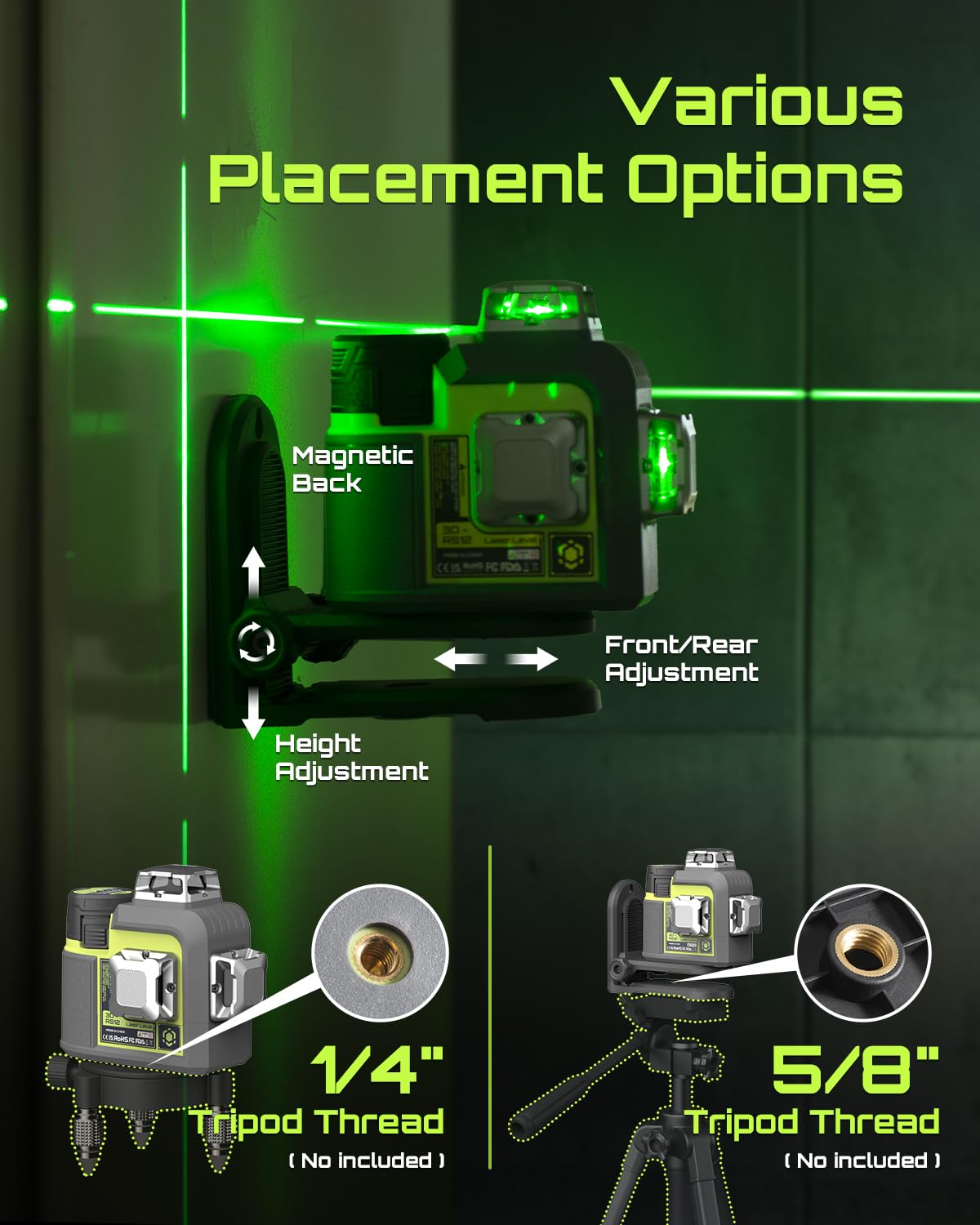 3D-RS12 Laser Level 3x360° Green Beam for Construction and Picture Hanging, Self-Leveling 3D Laser with 2 Rechargeable 11.1V Batteries (24 Hrs), Magnetic Liftable Stand, Type-C Cable