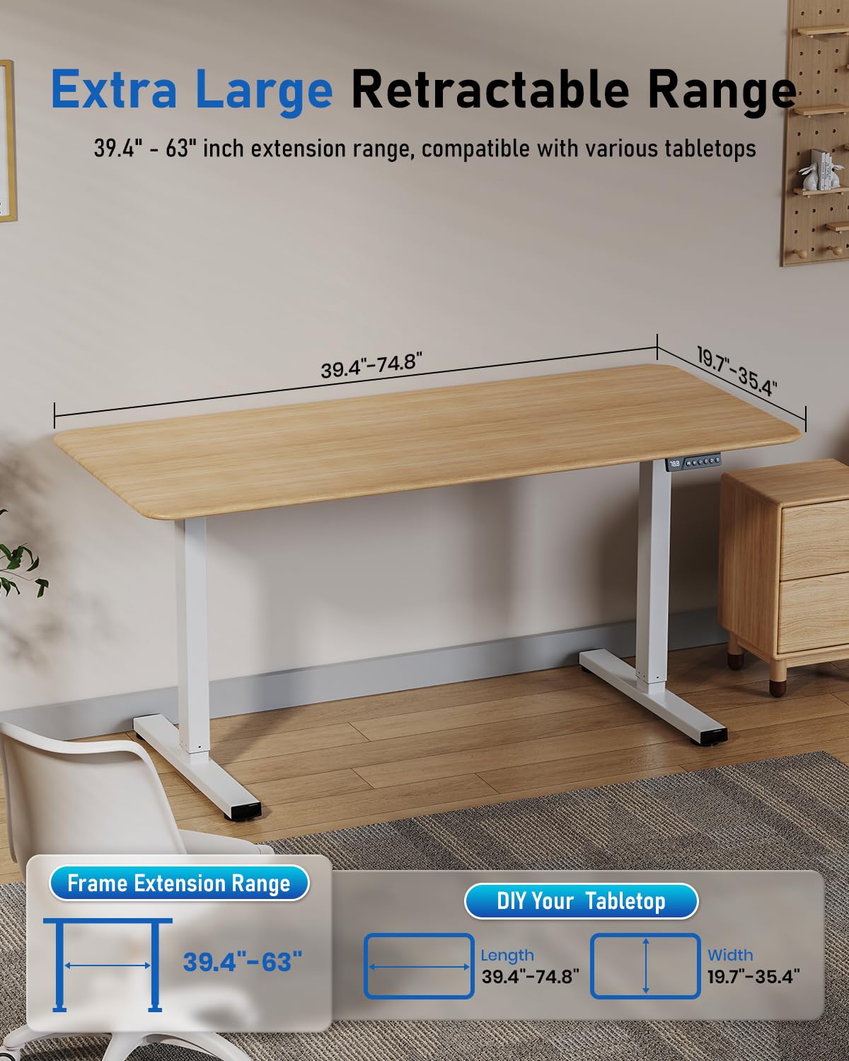 Xyndyx 264 lbs Capacity Dual Motor Electric Standing Desk Frame, Height Adjustable Sit Stand up Desk Legs for 39.4” to 74.8” Desktop, Anti-Collision Function, Cable Tray, 2 Hooks, White Frame Only