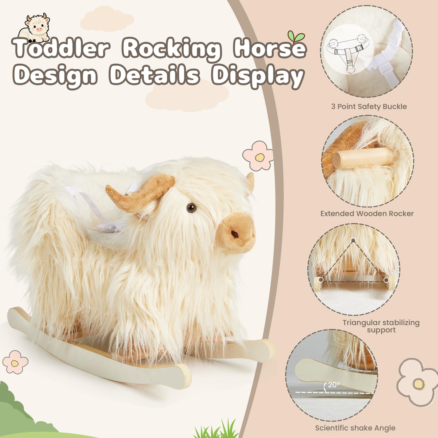 Baby Rocking Horse,Highlander Cattle Toddler Rocking Toy for 1+ Year Old Cute White Cow Stuffed Cow Rocker Toy Rocking Animal for Baby Boys and Girls Nursery/Child Christmas or Birthday Gift