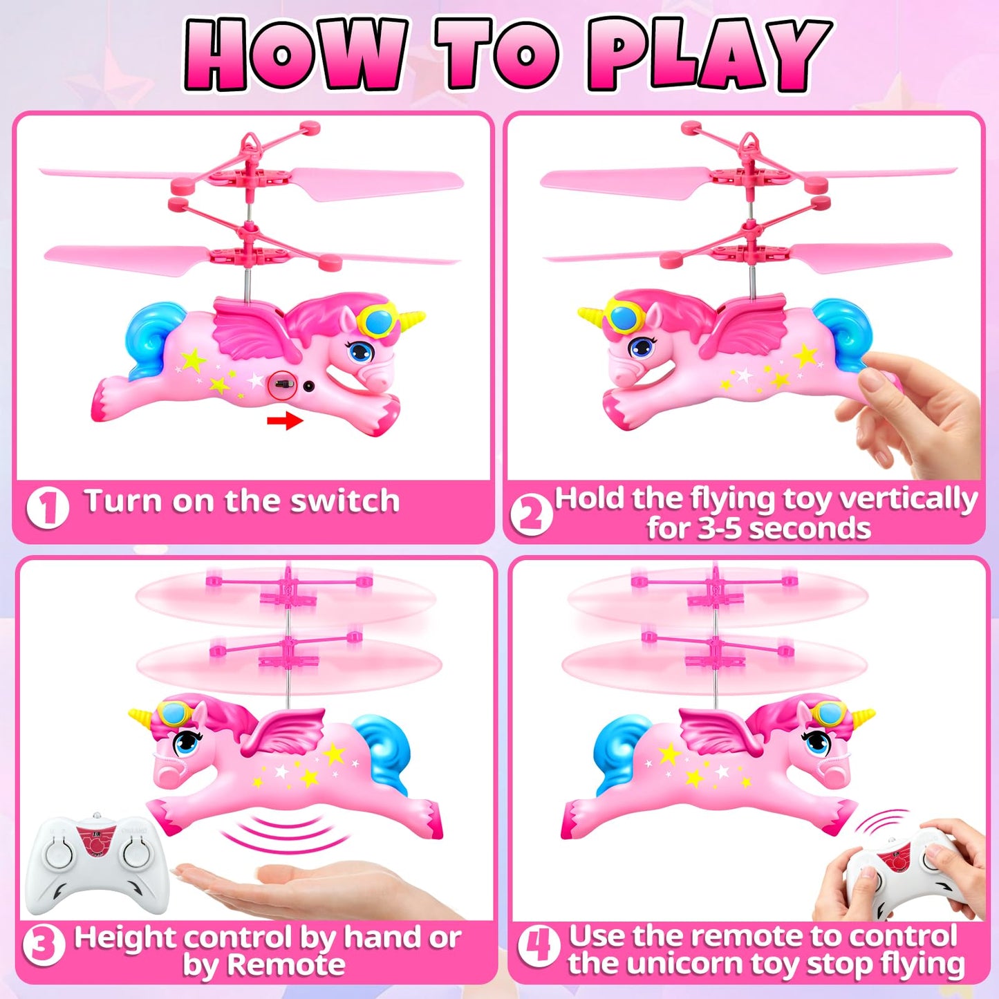 Tcvents Flying Unicorn Toys for Girls, Rc & Hand Operated Flying Ball Mini Drone with LED Lights Remote Control Helicopter Indoor Flying Toy Gifts for Kids Age 6-8 9 10 11 12+ Years Old