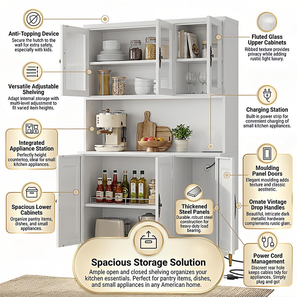 AUN Pantry Cabinet with Charging Station - 68" Multi-Scene Storage Cabinet for Kitchen, Coffee Bar, Dining Room | Adjustable Shelves & Soft-Close Doors,White