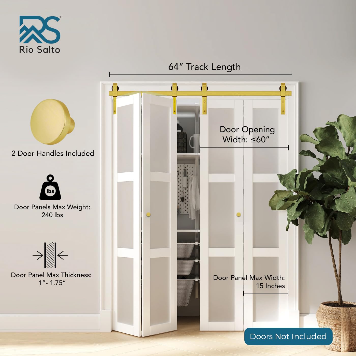Rio Salto Gold Bifold Sliding Barn Door Hardware Kit Heavy Duty Metal Track System with Matching Knobs Gold Bi-Fold Barn Door Bifold Closet Doors, Bi-Folding 64" Track for 4 Doors, 4 Rollers No Door