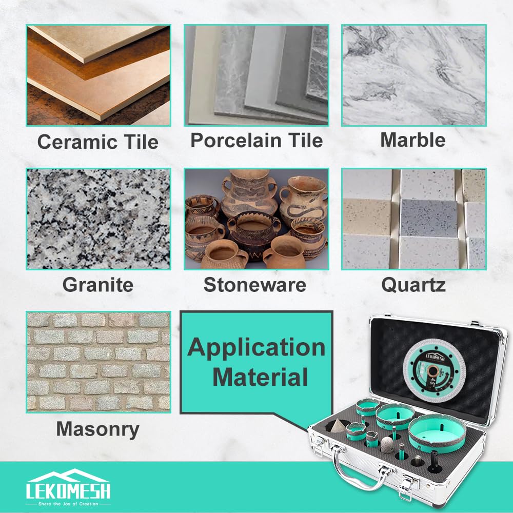 LEKOMESH Tile Hole Saw Kit - (6/6/8/20/35/50/75/100mm+20mm Finger Bit+50mm Chamfer Bit+SDS/HEX Adapter) and 4.5 Inch Diamond Saw Blade Cutting Disc Wheel