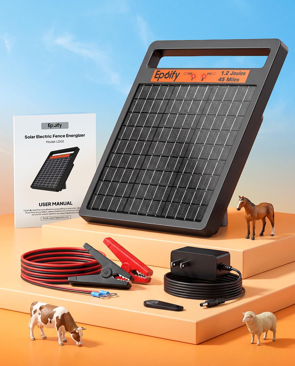 Solar Electric Fence Charger 1.2J Stored Energy, 45 Miles Coverage,8W Solar Fence Energizer with 10000mAh Battery,7–11kV Output, Smart Alarm, All-Weather Fence Charger for Cattle, Horses & Farms