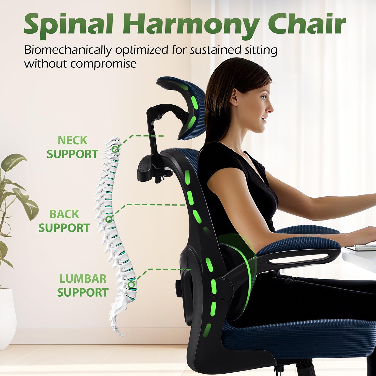 AreShark Office Chair Ergonomic Desk Chairs with Adjustable Lumbar Support& Headrest Hanger, High Back Breathable Mesh Chair with Wheels, Rolling Swivel Comfy Task Computer Chair for Home Work Gaming