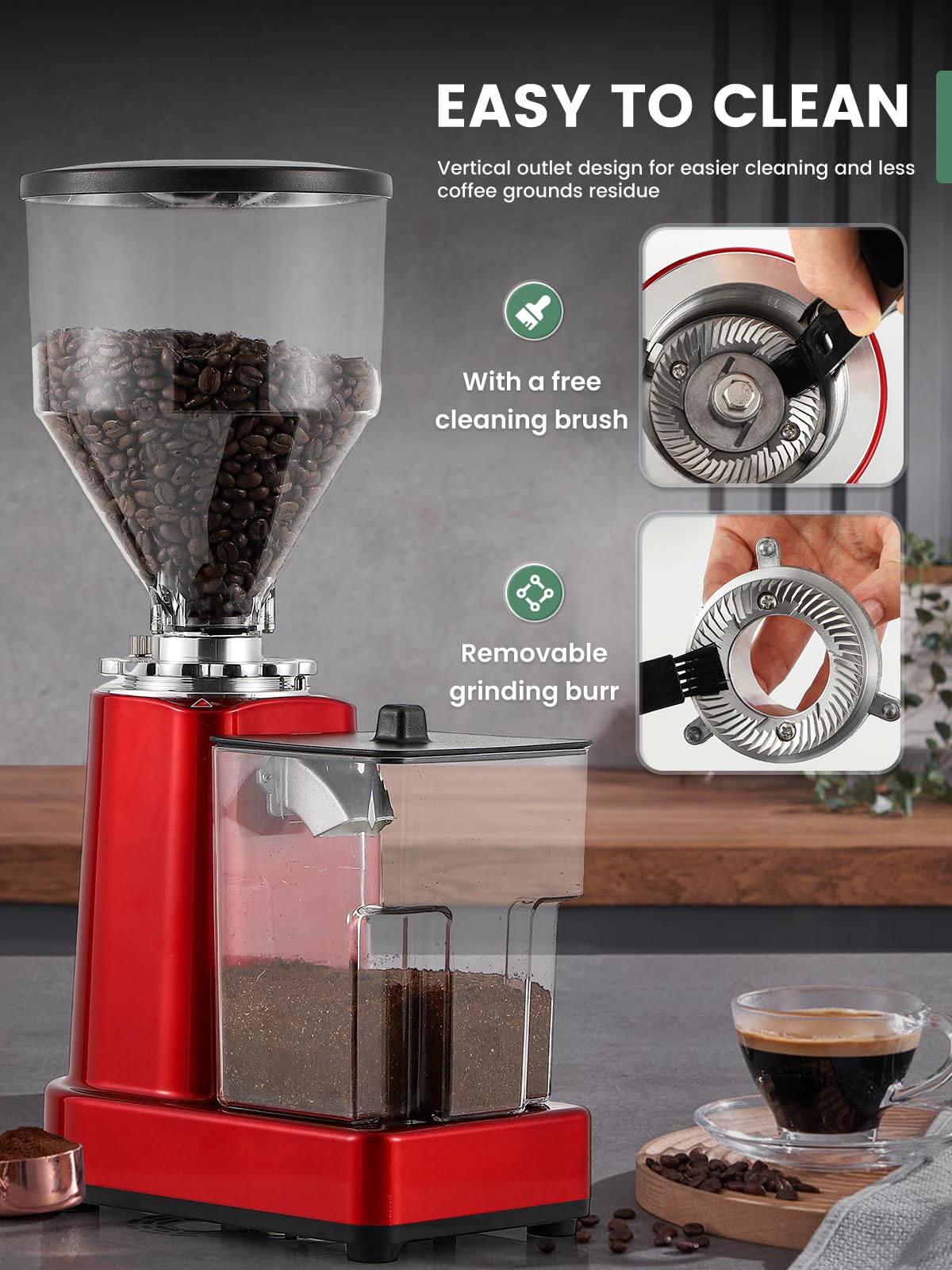 Huanyu Flat Burr Coffee Grinder with 19 Grinding Settings Bulk Electric Coffee Bean Grinder Adjustable Large Capacity 35oz Red