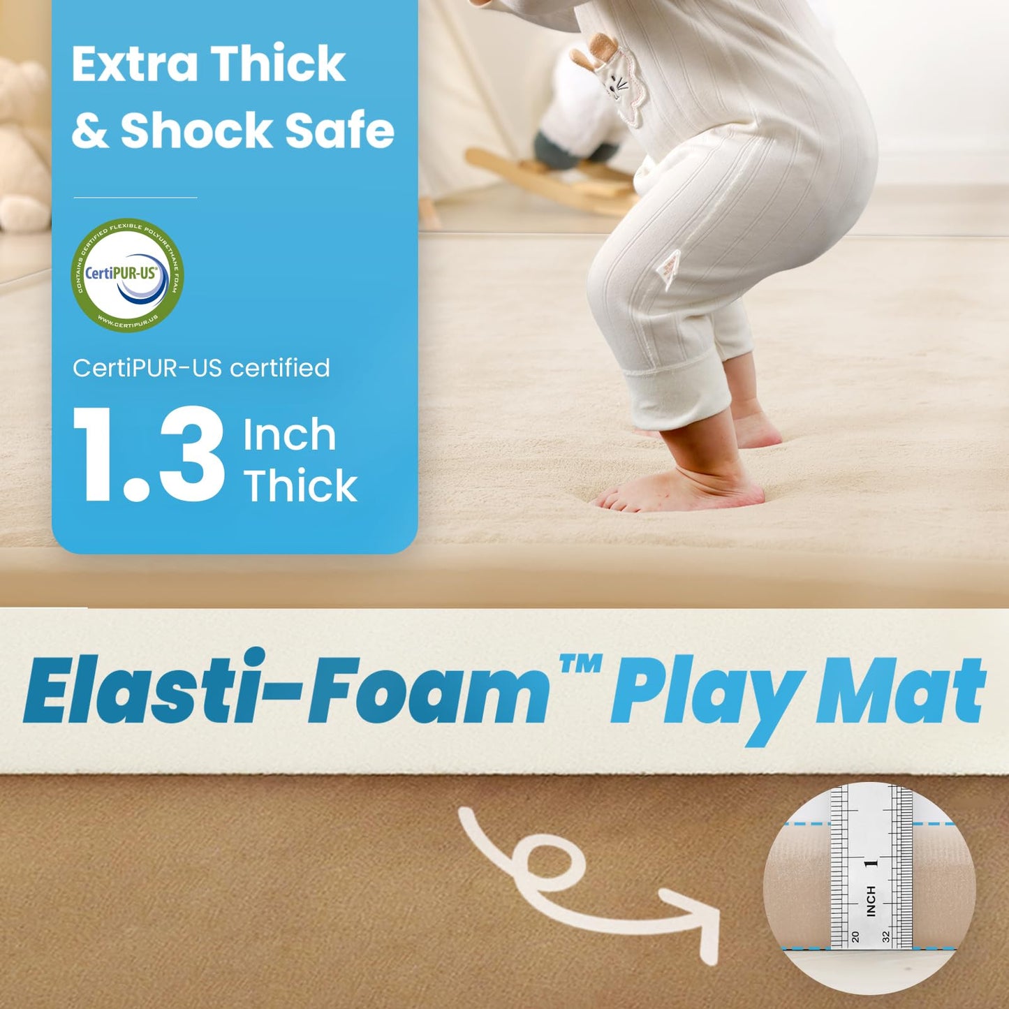 PaPaMat 1.3" Thick Baby Play Mat for Floor, 79x118 Large Foam Tummy Time Mat, Padded Support Soft Plush Nursery Rug for Infant Kids Toddler Crawling Kick Activity (Beige)