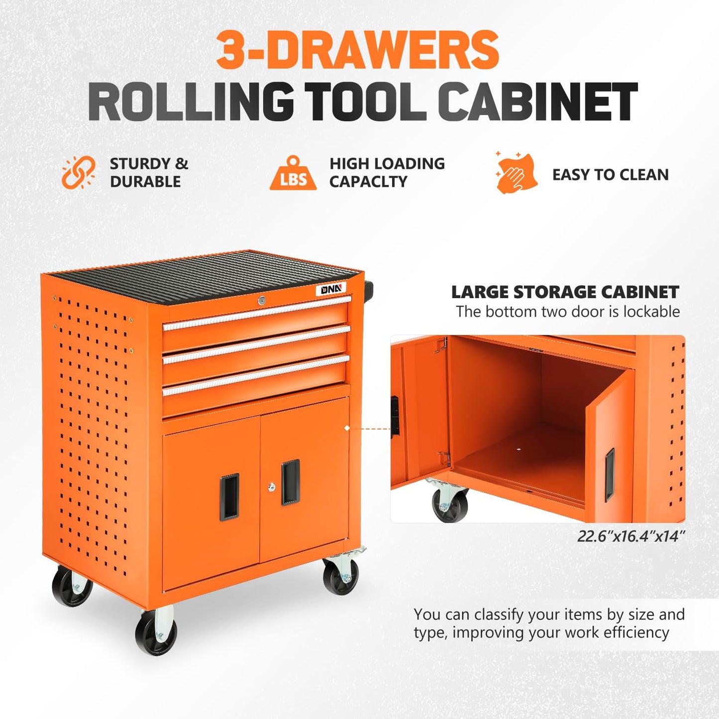 DNA Motoring 3-Drawer Rolling Tools Chest, Rolling Tool Storage Cabinet, Heavy Duty Mechanic Tool Cart, Trolley Organizer for Garage, Warehouse, Workshop, Orange, TOOLS-00405