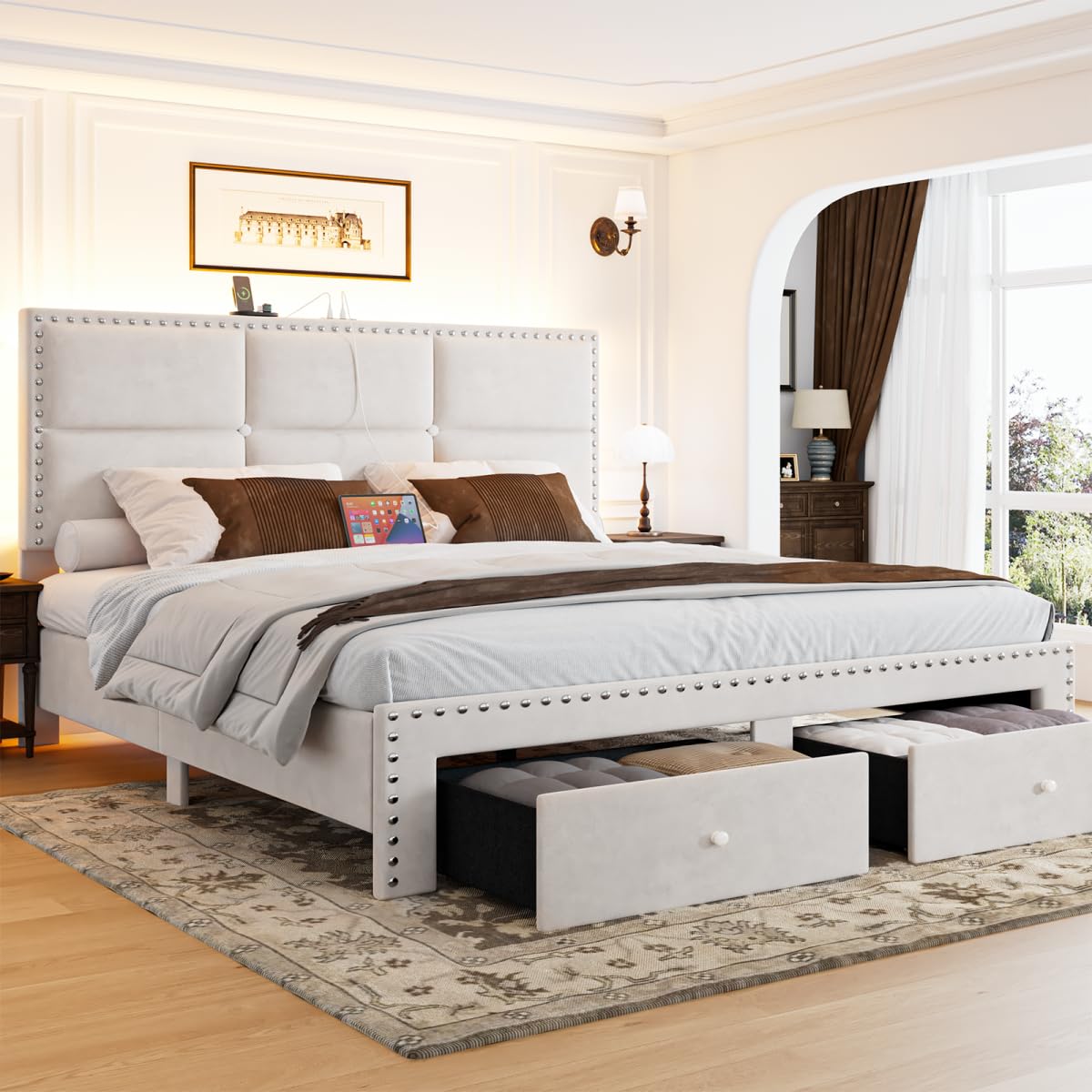 Otevehde Queen Bed Frame with 2 Storage Drawers, Velvet Upholstered Platform Bed Frame Queen Size with Charging Station, Noise-Free, Wooden Slats Support, Easy Assembly, White
