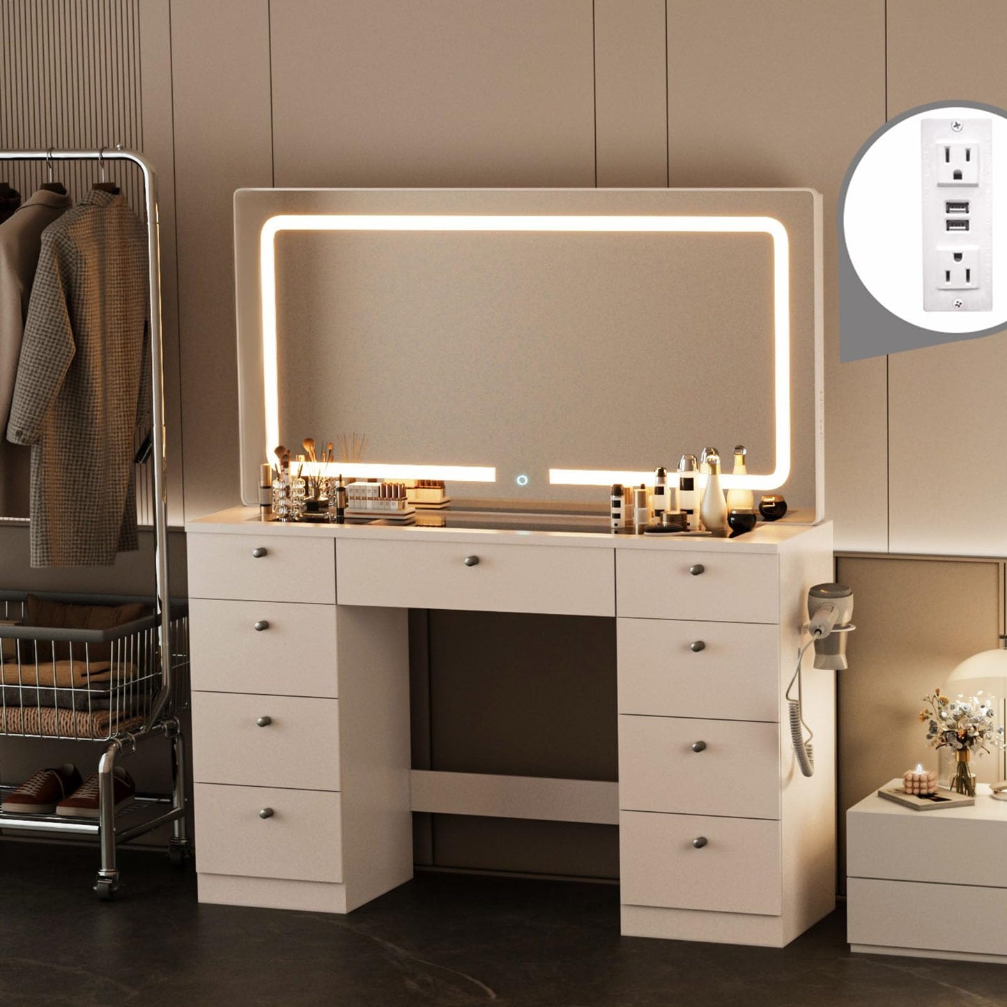 JassmiPkwy 46 INCH Makeup Vanity Desk with Mirror - Glass Tabletop Vanity Table with Lights, Drawers, Power Outlet, Large Storage Desk for Bedroom, White