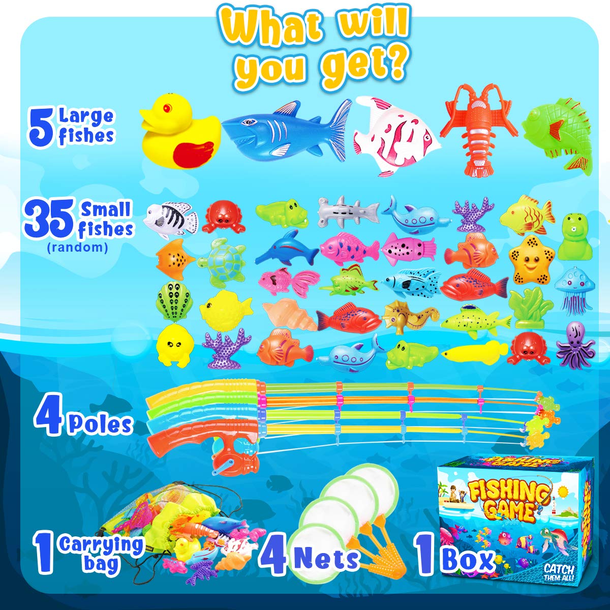 Goody King Magnetic Fishing Game Pool Party Pole Rod Net - Bathtub Outdoor Indoor Carnival Party Water Table Fish 4 Players Gift Age 3-5 6 4-8 (Large)