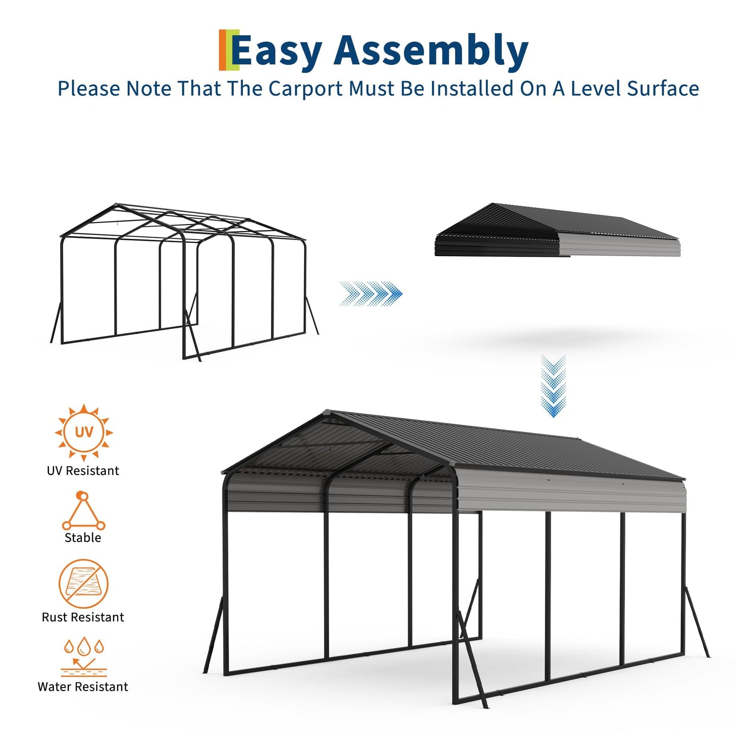 10x15 FT Heavy Duty Metal Carport with Galvanized Steel Roof & Frame, All-Weather Portable Car Shelter for Cars, Trucks & Boats, Wind & Snow Resistant with Reinforced Base