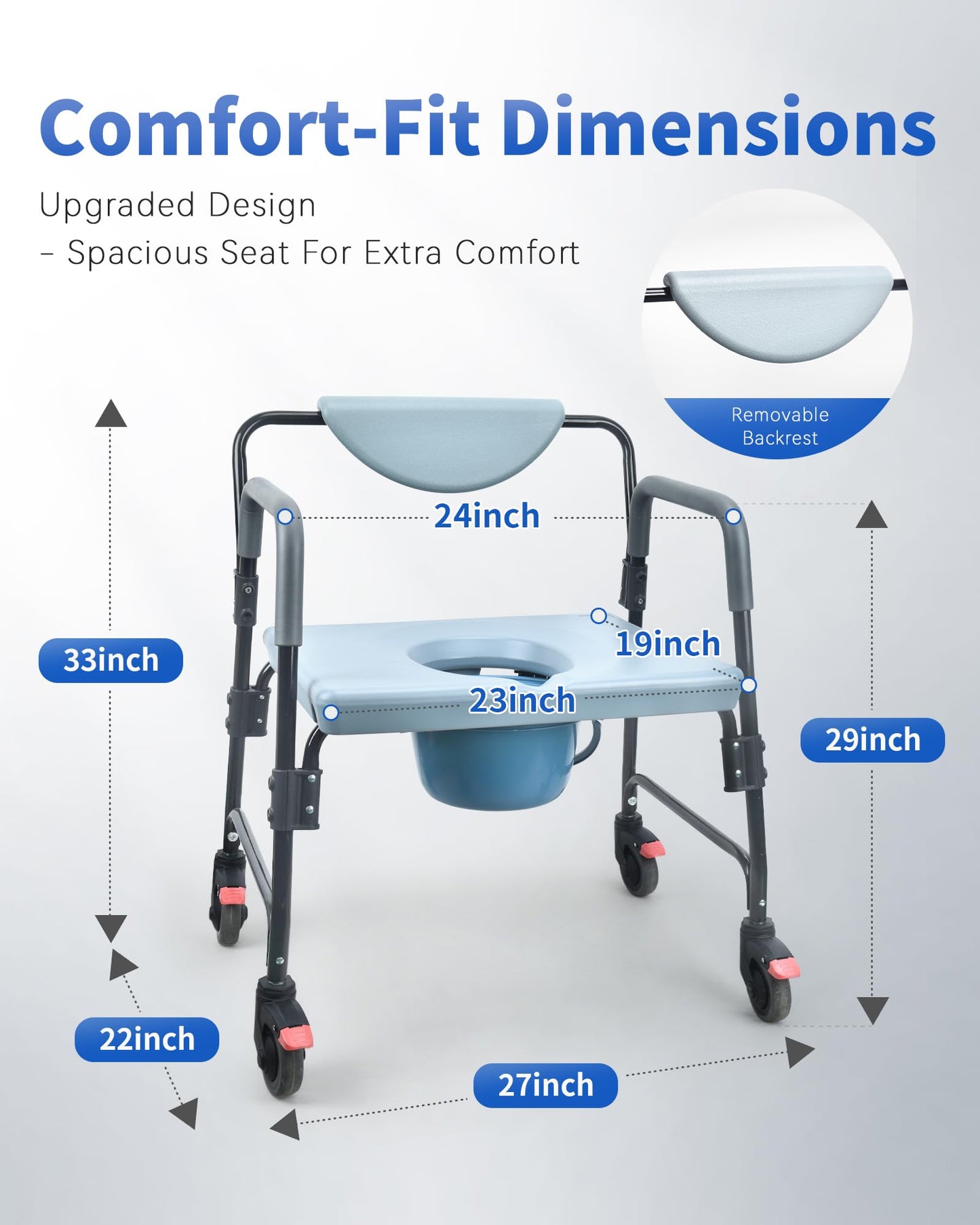 Sangohe Bedside Commode, Portable Toilet for Elderly, Rolling Commode with Wheels, Rear Locking Wheels, Bariatric Bedside Commode, 7-qt Commode Bucket Included, Extra Wide Seat, 601A