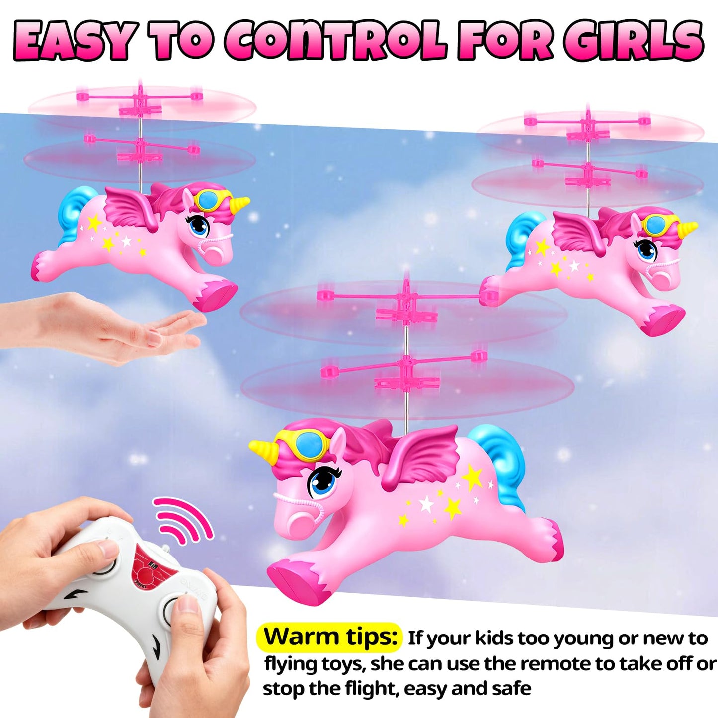 Tcvents Flying Unicorn Toys for Girls, Rc & Hand Operated Flying Ball Mini Drone with LED Lights Remote Control Helicopter Indoor Flying Toy Gifts for Kids Age 6-8 9 10 11 12+ Years Old