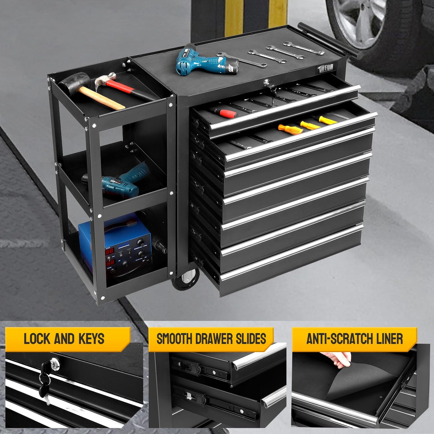 TUFFIOM 7-Drawer Rolling Tool Chest with Side Shelves, Tool Storage Side Cabinet w/Lockable Wheels, Top Cushion & Drawer Liners, Tool Organizer Box for Garage, Warehouse & Repair Shop