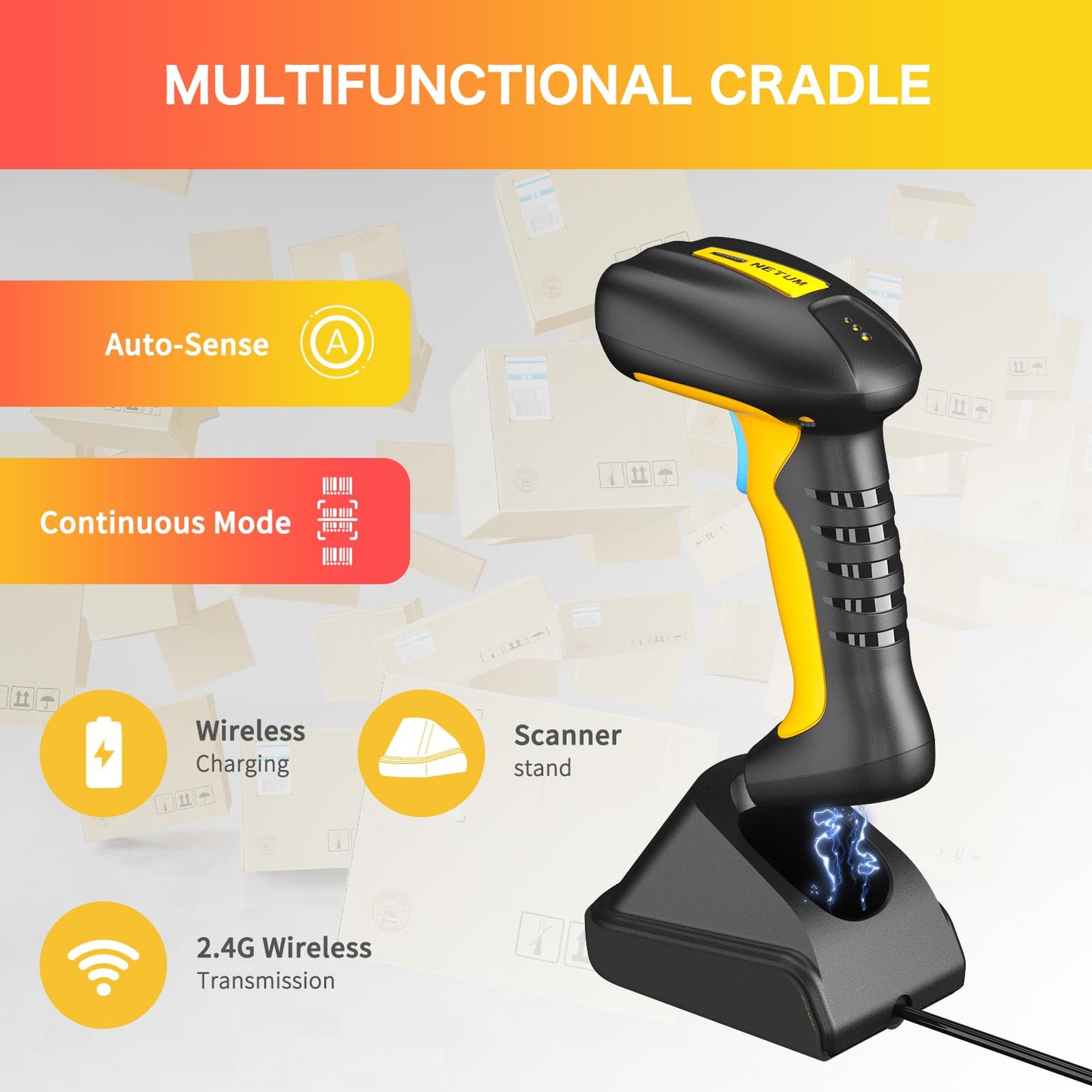 NETUM Upgraded QR Industrial Bluetooth Barcode Scanner with Charging Dock, Wireless 2D 1D Bar Code Reader 2600mAh Drop Protection Shock Dust Proof Hands Free for Windows Mac Android iOS (RD-1202W)