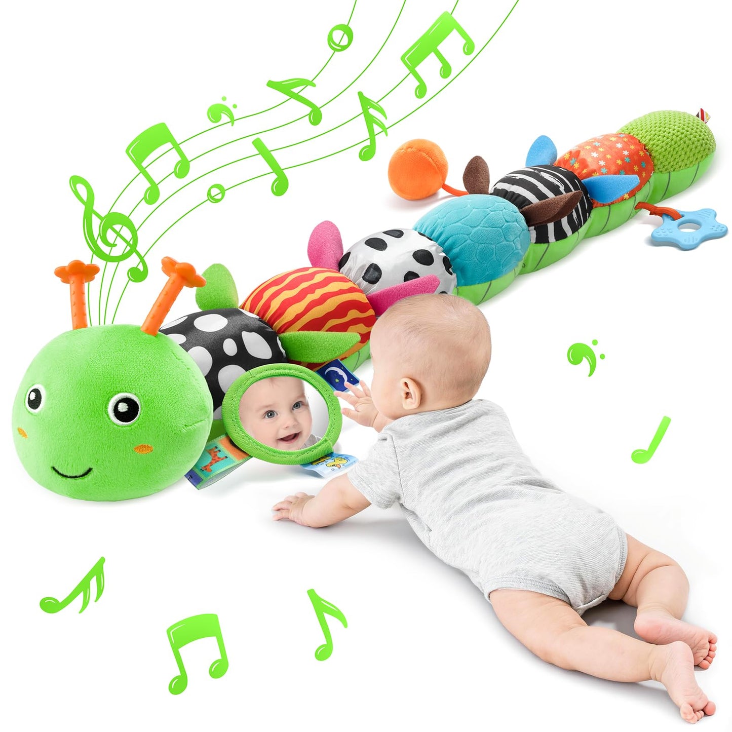 Tummy Time Baby Toys Sensory Musical Animal Stuffed Car Seat Toy for Infant 0-3-6-12 Months Newborn, Plush Caterpillar with Mirror,Crinkle,Rattle Teething Toys for Baby Boys Girls Shower Gifts, Green