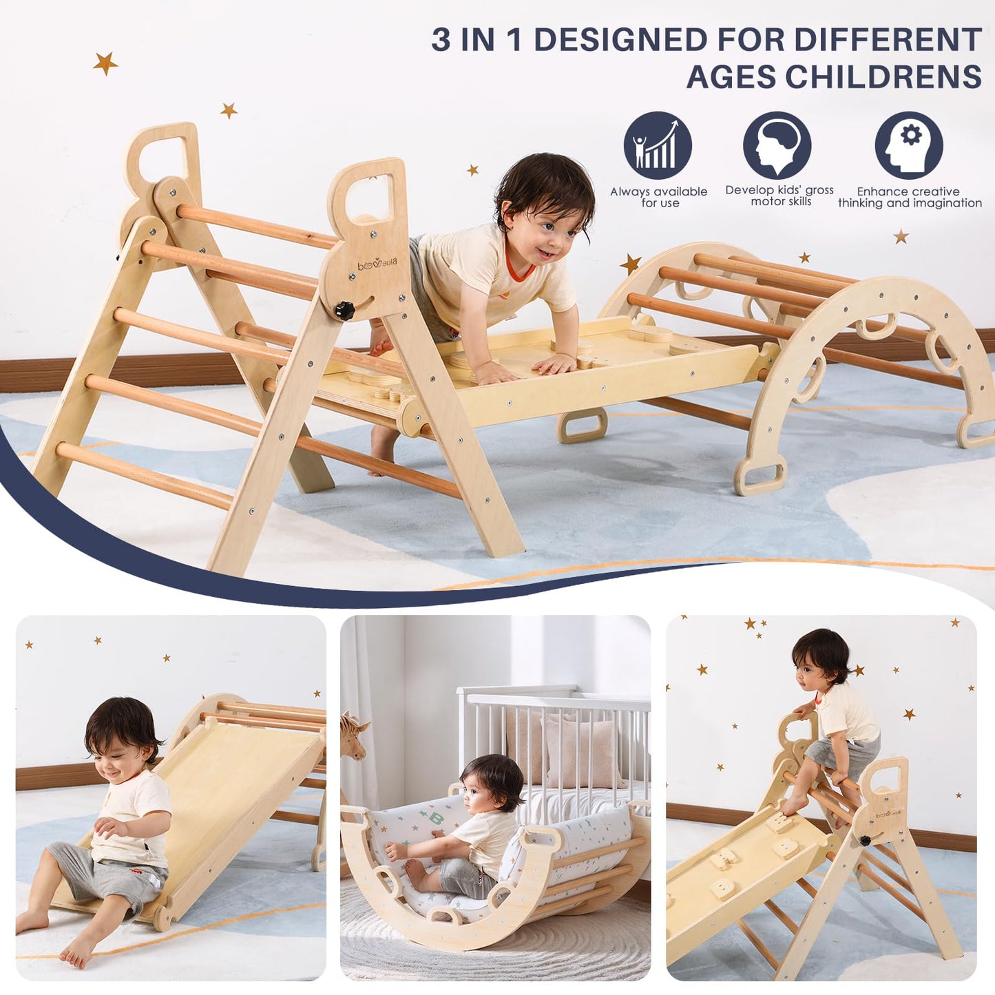 BlueWood Pikler Triangle Set with Cushion, 8-in-1 Foldable Wooden Toddler Climbing Toys Indoor Playground Jungle Gym Montessori Philosophy Climber for 2-6 Years Old, Baby, Kids (Natural Wood)