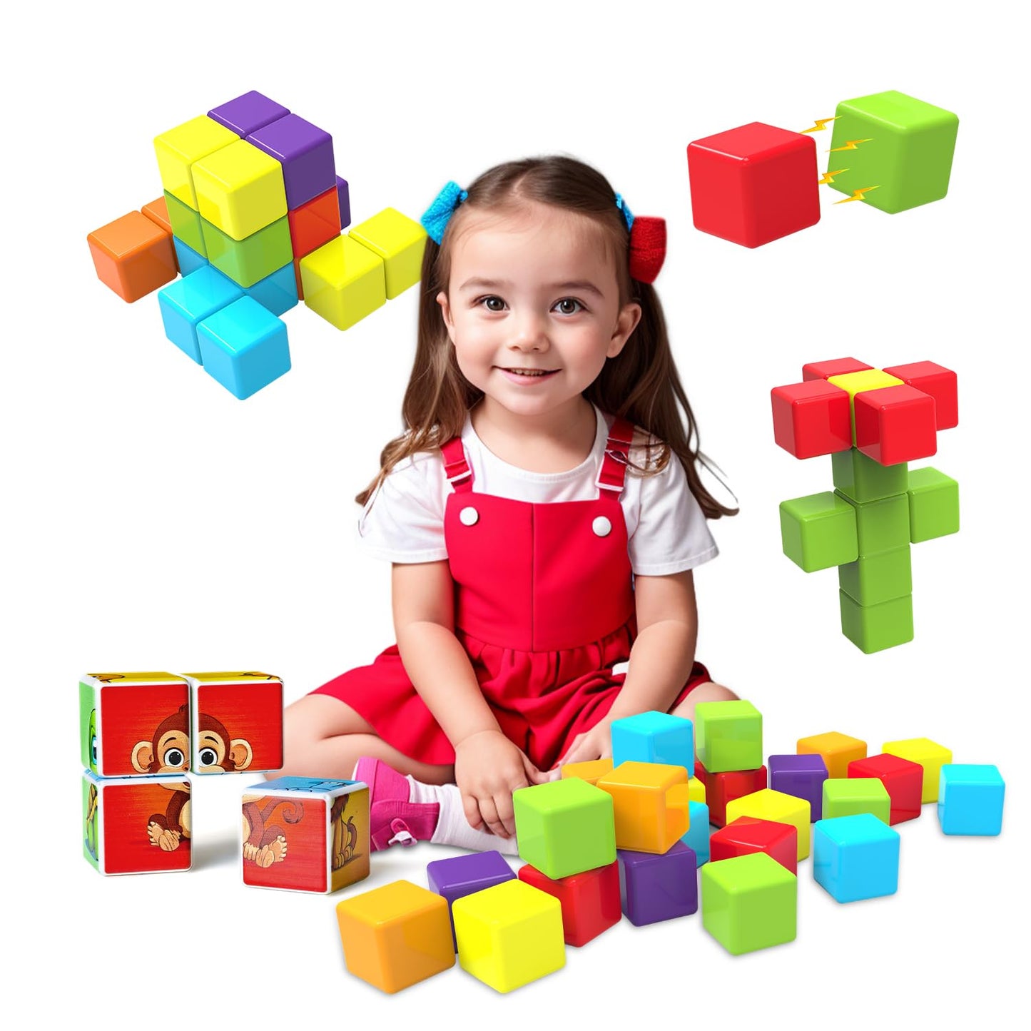 Magnetic Building Blocks & Magnetic Puzzle Toys for Toddlers, Large Building Blocks Cubes 1.65 Inches, Sensory & Montessori Toys for Boys & Girls 1 2 3 Years Old(28pcs)