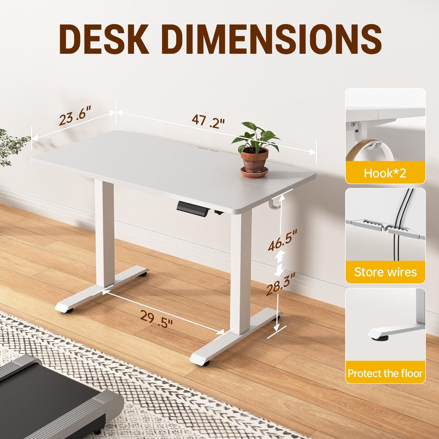 Veken 47.2 Inch Large Electric Standing Desk, Heights Adjustable, Sit to Stand Up, Work Home Office Computer Table for Study, Walking Pad, Writing, and Games, Wooden Desktop Desks, White