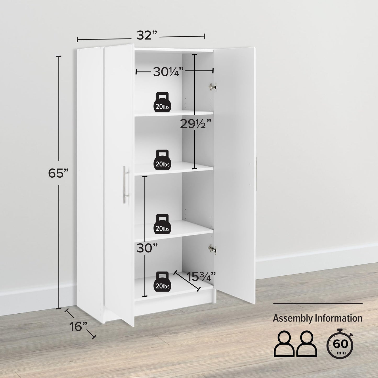 Prepac Elite Tall Garage Storage Cabinet & Pantry Storage Cupboard, 2-Door Freestanding Bathroom or Pantry Cabinet with Adjustable Shelves, 16" D x 32" W x 65" H, White