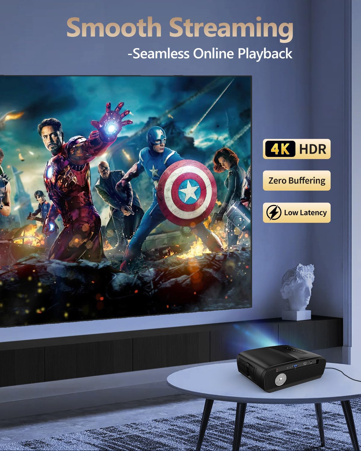 Daylight Projector 4K HDR Home Theater, Smart Daytime Movie Gaming TV Projectors with WiFi 6, NFC, Bluetooth, Apps, ToF Auto Focus, HDMI ARC,2200ANSI High Lumens for Golf Simulator Ceiling Bright Room