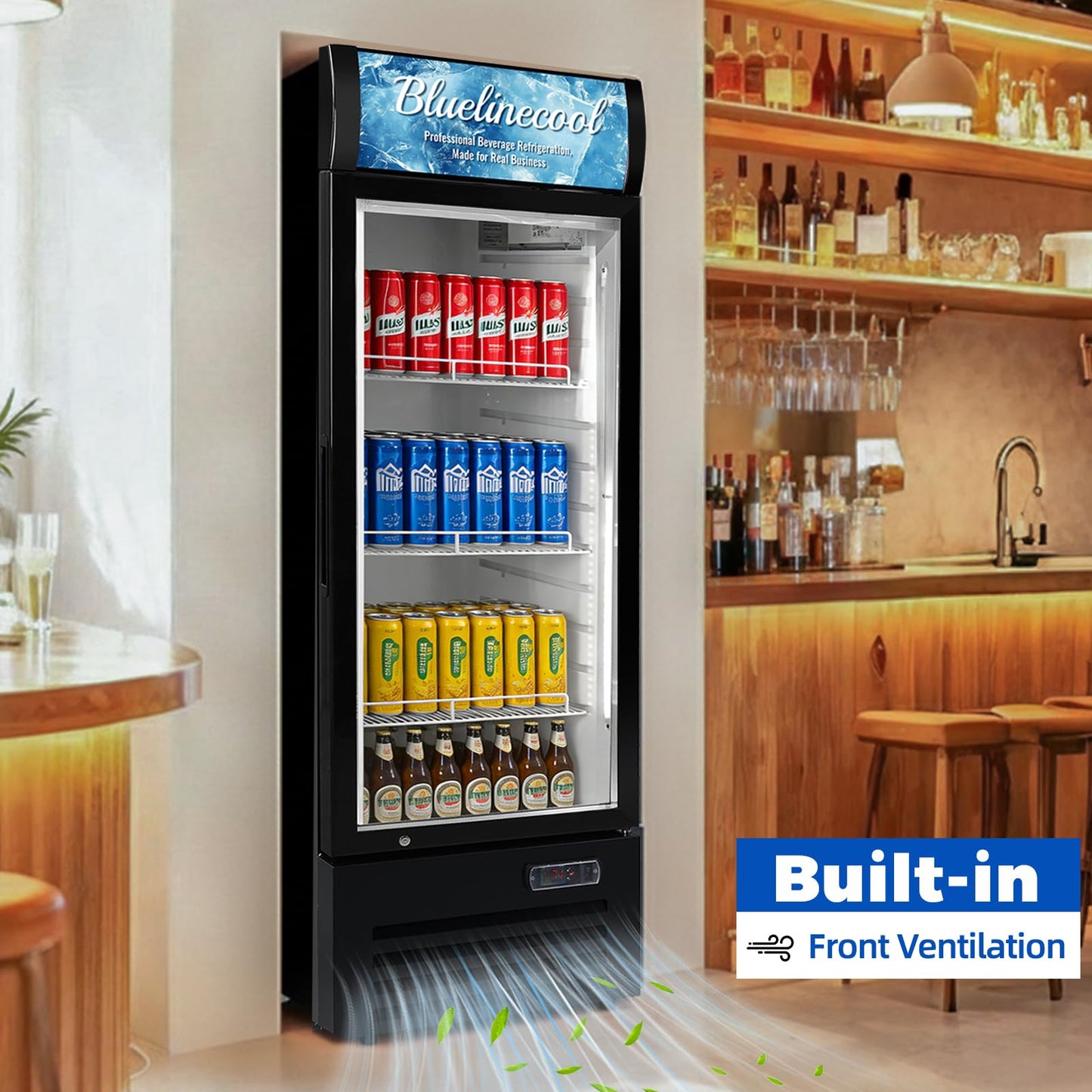 Bluelinecool Commercial Refrigerators 9 Cu.Ft Upright Merchandiser Drink Cooler – Glass Door Beverage Fridge with LED Light, Adjustable Shelves, Lock Wheels – Display Refrigerator for Beer, Bar, Shop