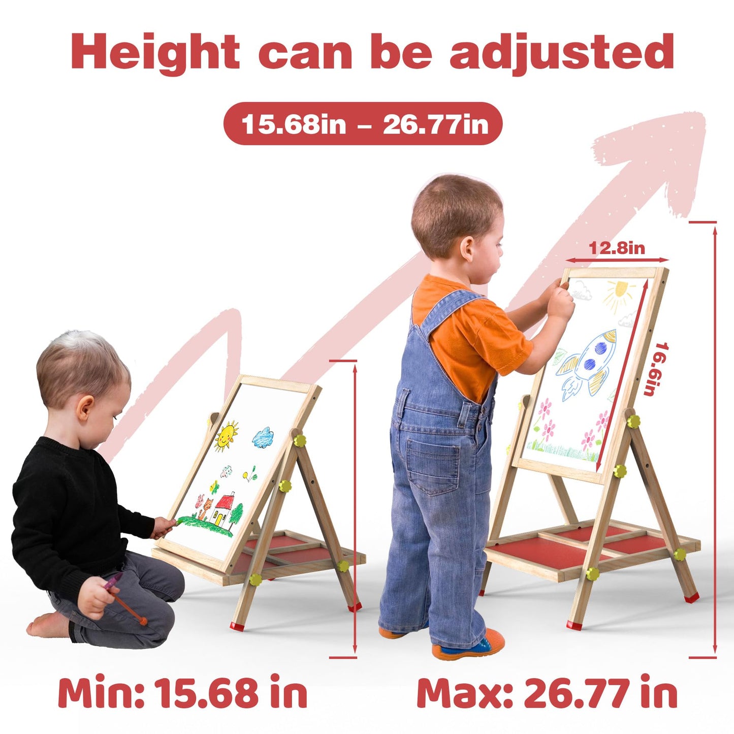 JOYOOSS Easel for Kids Chalkboard,Wooden Blackboard for Kid Toddlers Easel Adjustable Magnetic White Board Chalkboard for Kids Dry Erase Art Easels for Toddler Drawing Board for Kid Ages 4-8 8-12 Red