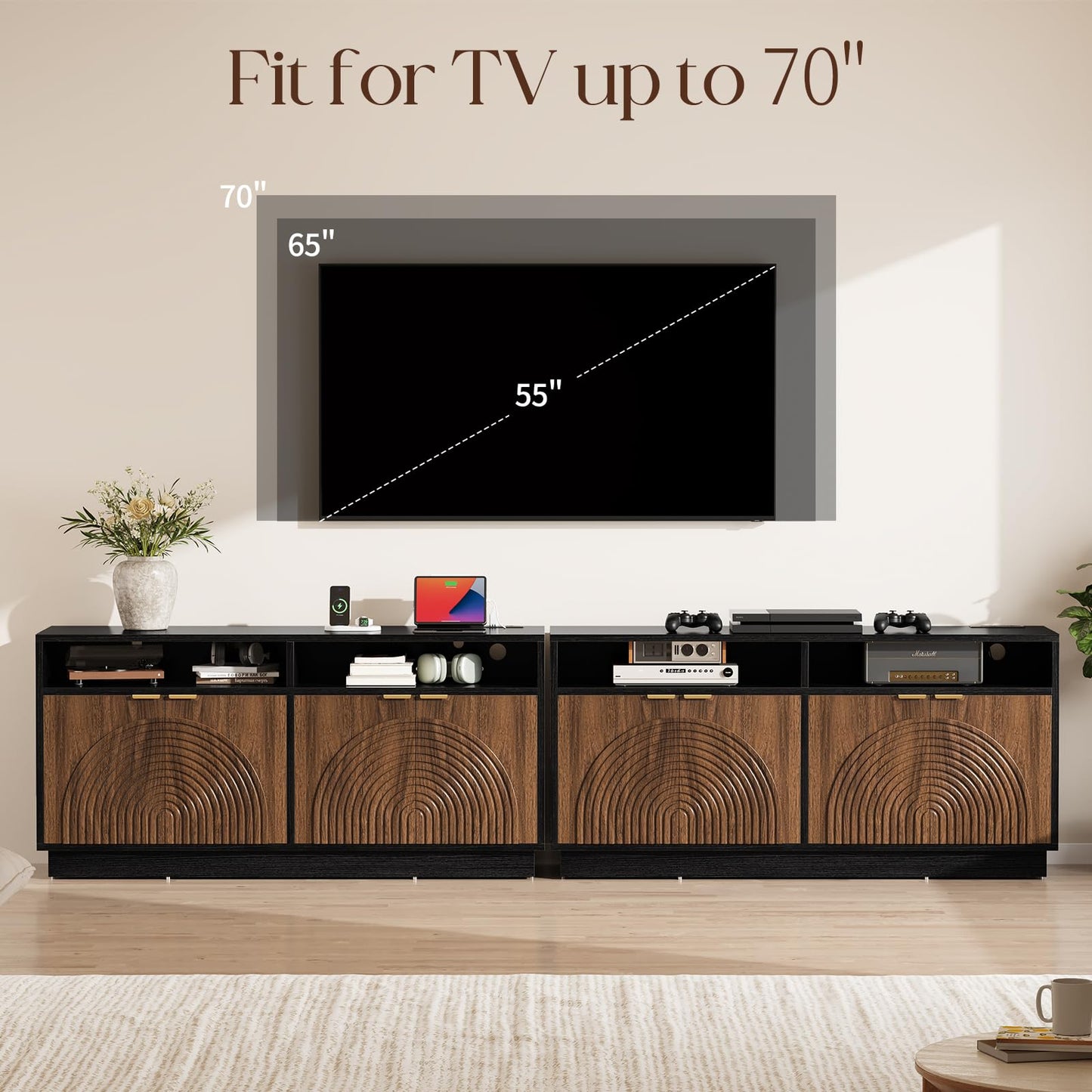 Curlaky Fluted TV Stand with Power Outlet - 58" TV Stands for Living Room, Mid Century Entertainment Center with Storage Cabinets & Adjustable Shelf, LED Modern Media Console for TVs Up to 70", Black