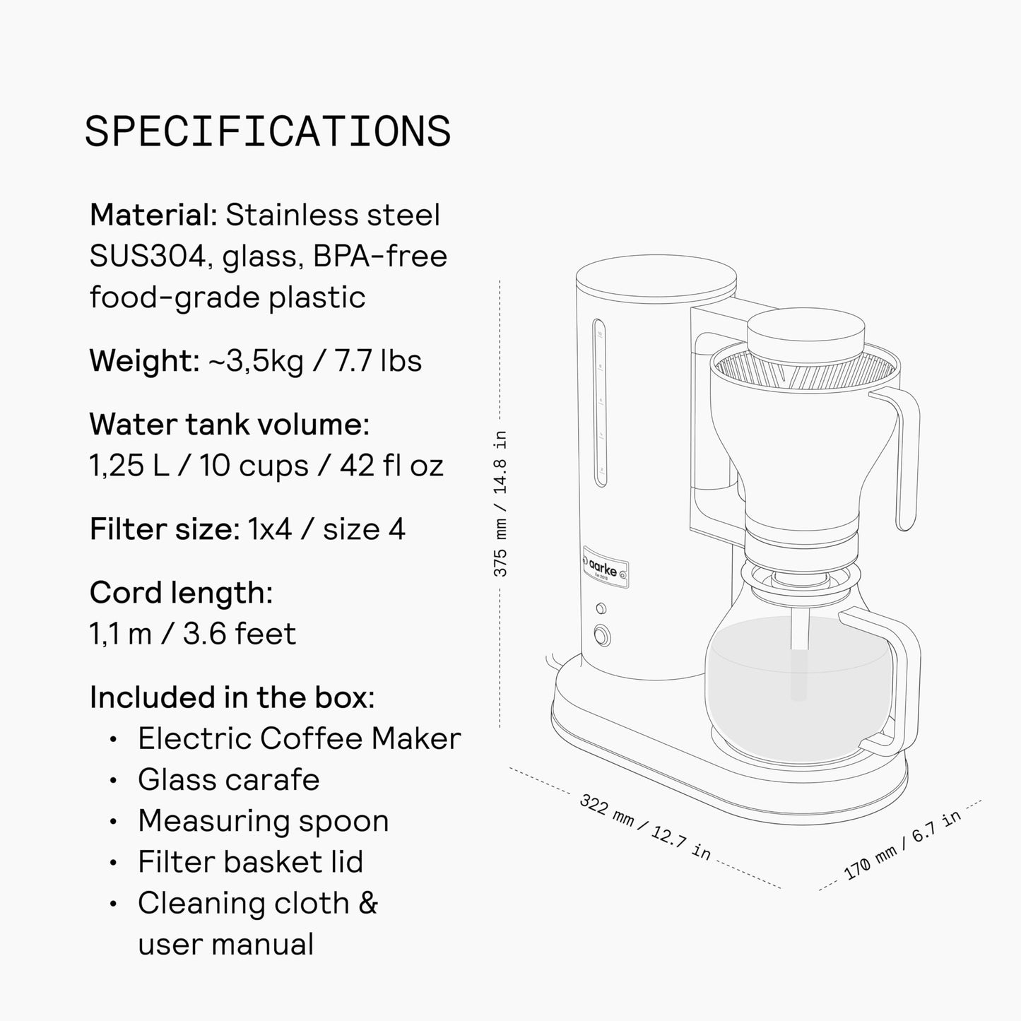 aarke Coffee Maker - Electric Drip Brewer with Automatic Drip-Stop, Glass Carafe, Brews Full Pot in Under 6 Minutes, SCA certified, Stainless Steel