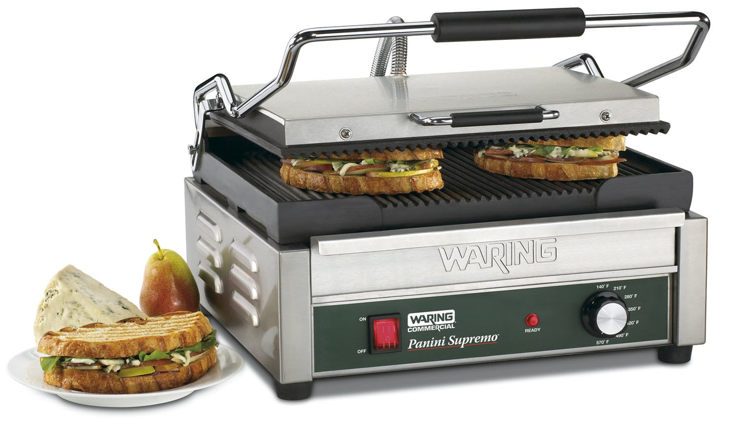 Waring Commercial WPG250B Panini Supremo Large Ribbed Panini Grill, 208V, 2800W, 6-15 Phase Plug