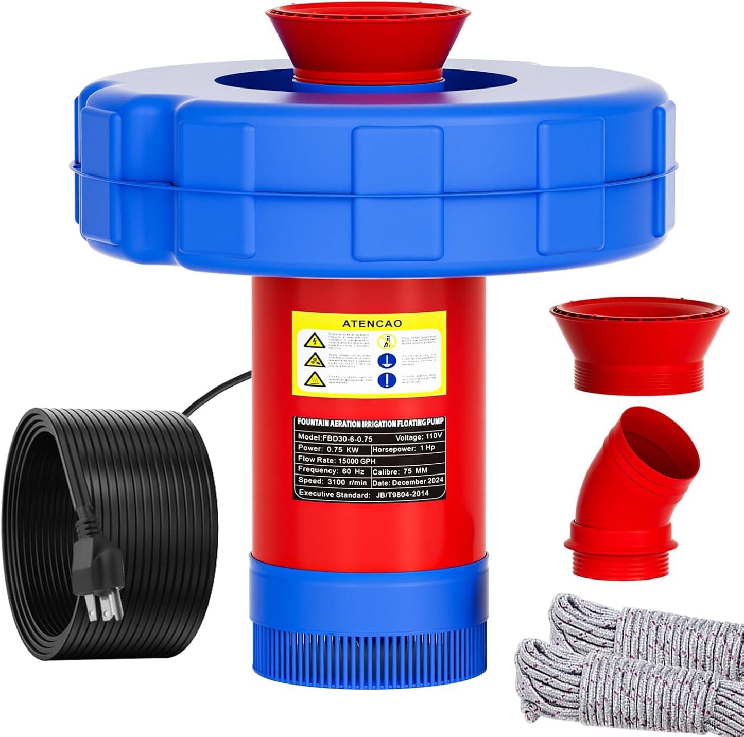 15000 GPH Pond Fountain Aerator - Fully Automatic 110V, 750W (1HP) Floating Fountain and Pond Aerator for Large and Small Outdoor Ponds and Lakes - Pond Fountain with 100 Feet Power Cord.