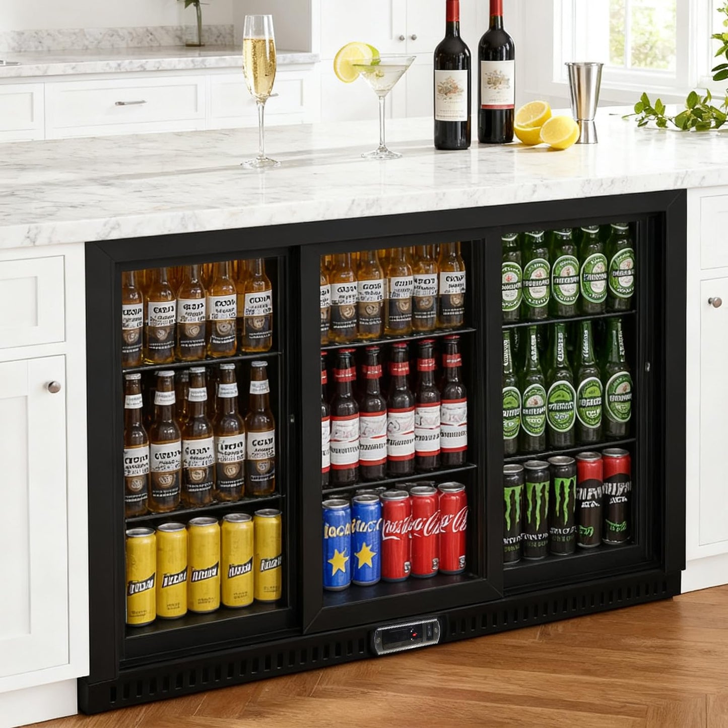 Bluelinecool Commercial Back Bar Cooler with 3 Glass Sliding Doors, 11.5 cu.ft Under Counter Beverage Refrigerator, LED Lighting - ETL Beer and Wine Cooler for Bar, Restaurant, Garage, Office, Home