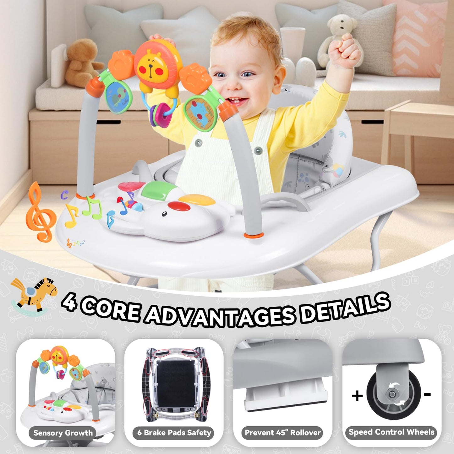 RefoereBabe Baby Walker, 5 in 1 Baby Walkers for Boys Girls 6-12 Months, Foldable Walkers for Babies with Bouncer & Feeding Tray, Music, Adjustable Heights, Activity Walker for Infant