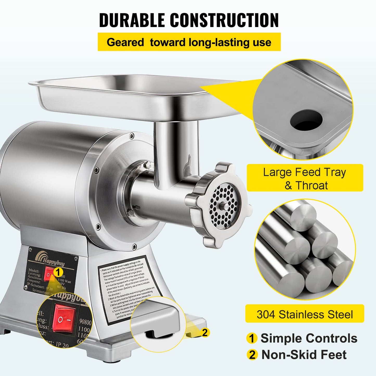 Happybuy Commercial Meat Grinder,550LB/h 1100W, 220 RPM Heavy Duty Stainless Steel Industrial Meat Mincer w/2 Blades, Grinding Plates & Meat Pusher