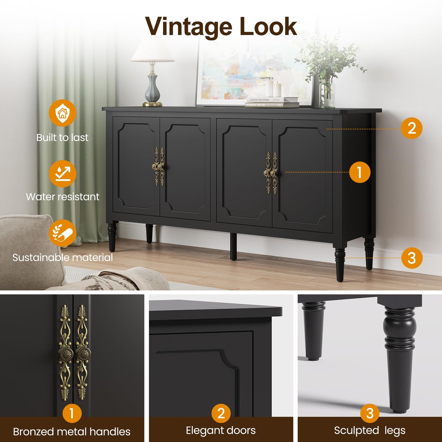 FansaFurn Console Table, 58'' Mid Century Modern Pantry Cabinet, Wood Buffet Sideboard, Media Credenza with 4 Doors, Accent Storage for Entryway, Living Room, Bedroom, Dining Room (Black)
