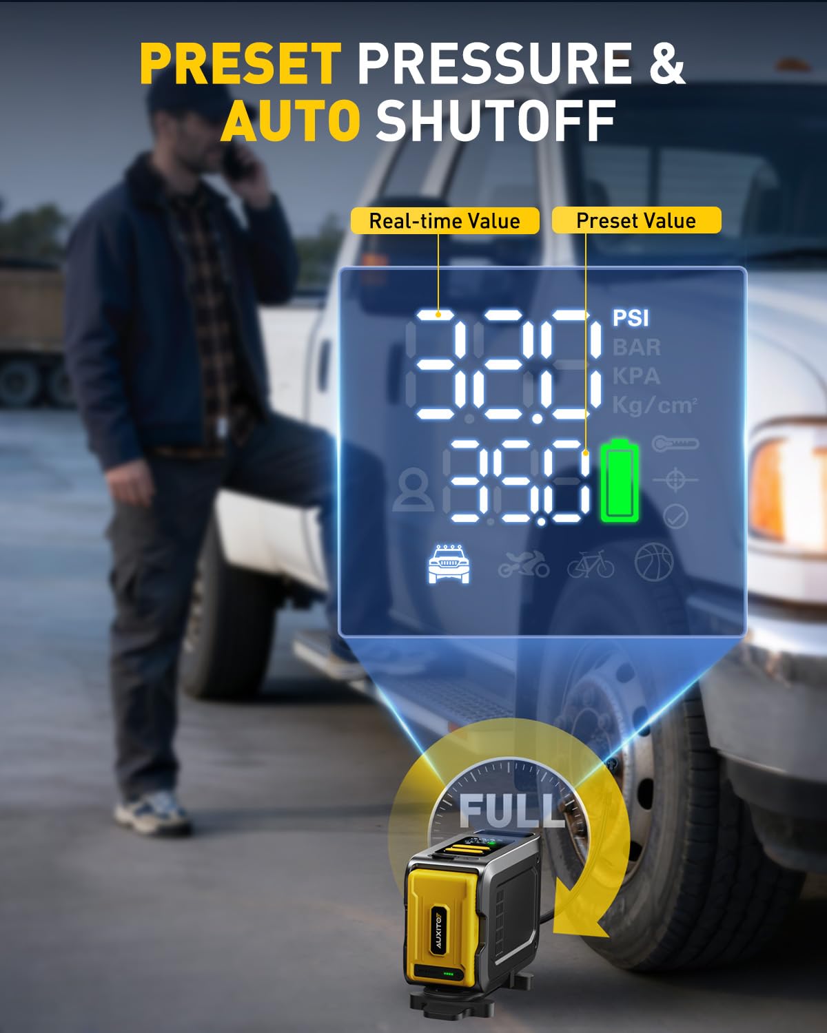 AUXITO AT1 150PSI Heavy Duty Tire Inflator Portable Air Compressor for Pickup Truck – Built in 26000mAh Power Station & 65W Fast Charging – Emergency Tire Air Pump for F-150, Off-Road, RV Camping