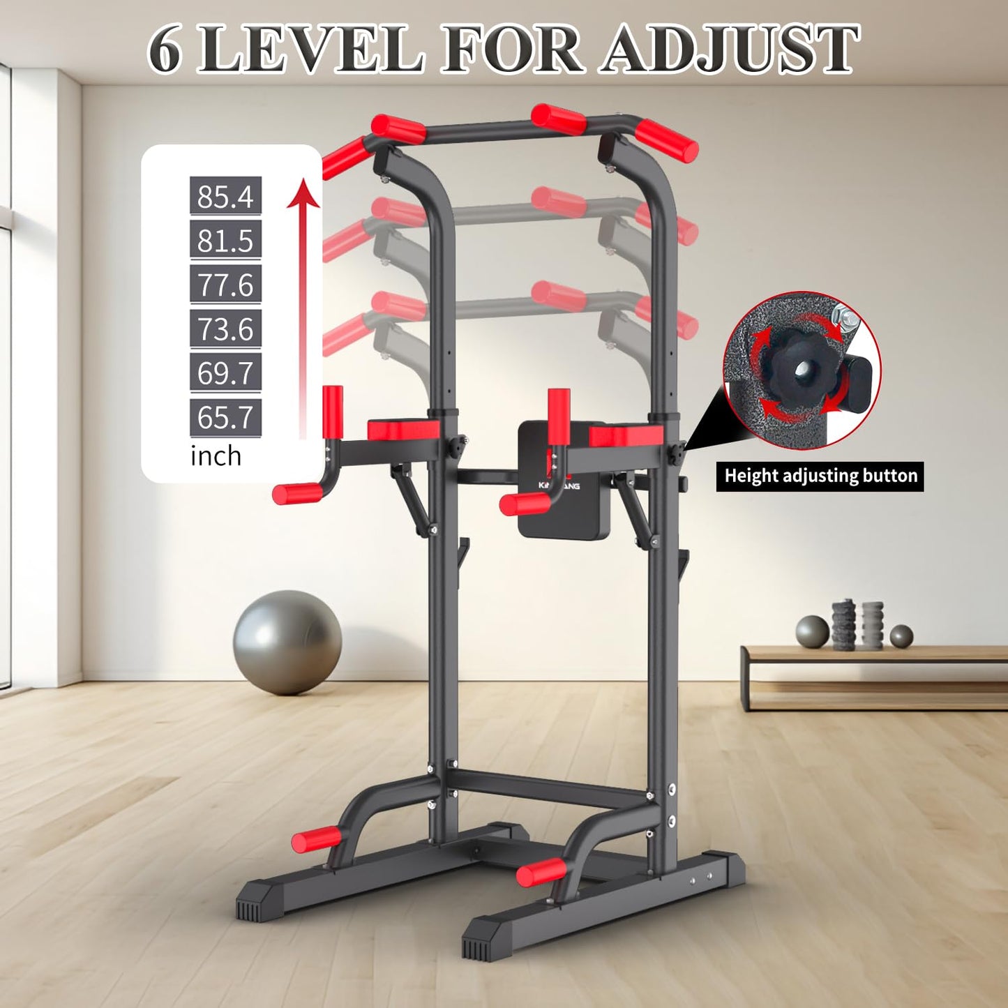 Power Tower Dip Station, Pull Up Bar Station & Multi-Function Gym Equipment For Home Strength Training Adujustable Height Up to 85.5",Load 350LBS