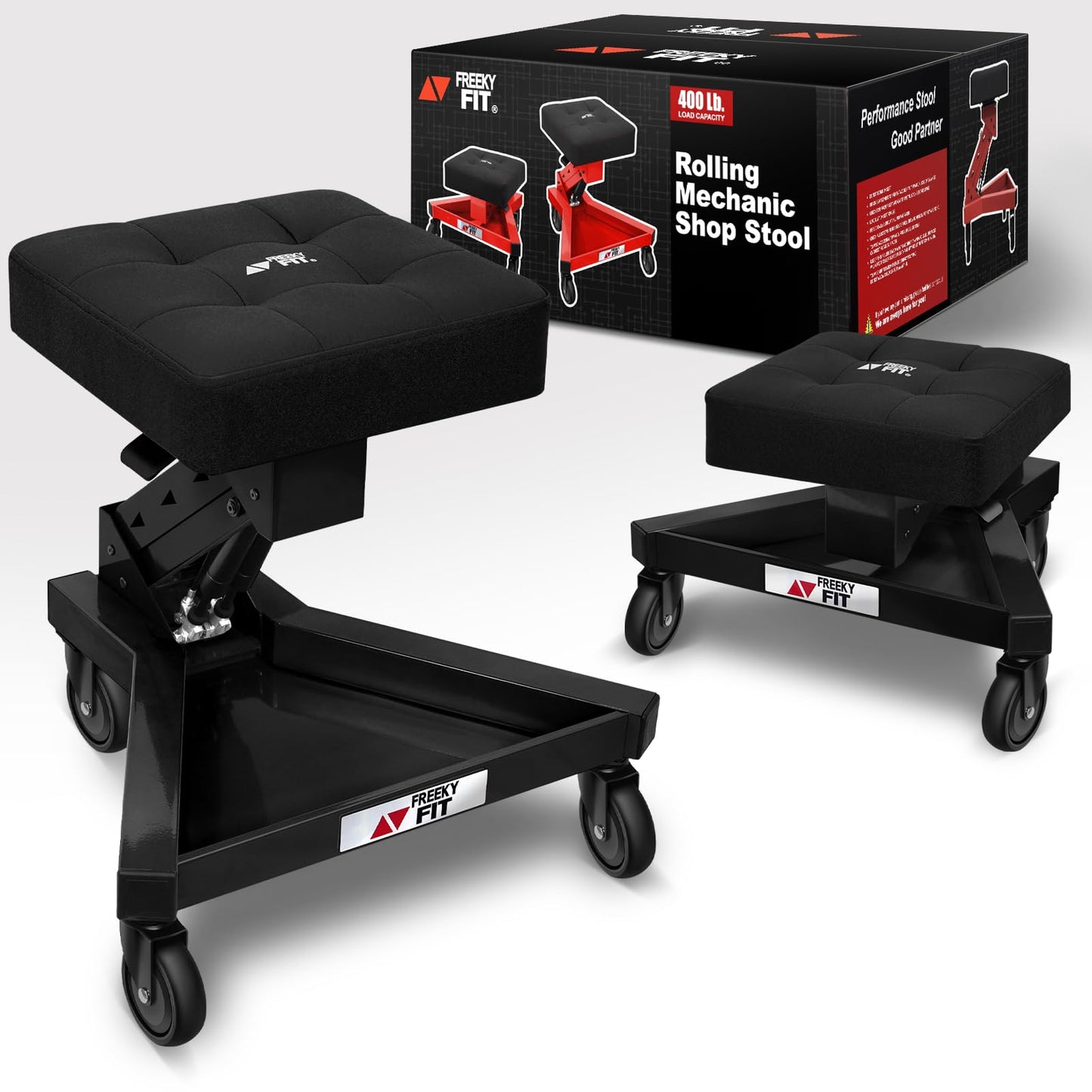 FreekyFit Mechanic Stool with Wheels, Hydraulic Adjustable Shop Stool on Wheels, Garage Work Rolling Chair for Workshop, 400 LBS Capacity, 4 Inch Casters, 360° Swivel Casters Roller Chair, Black