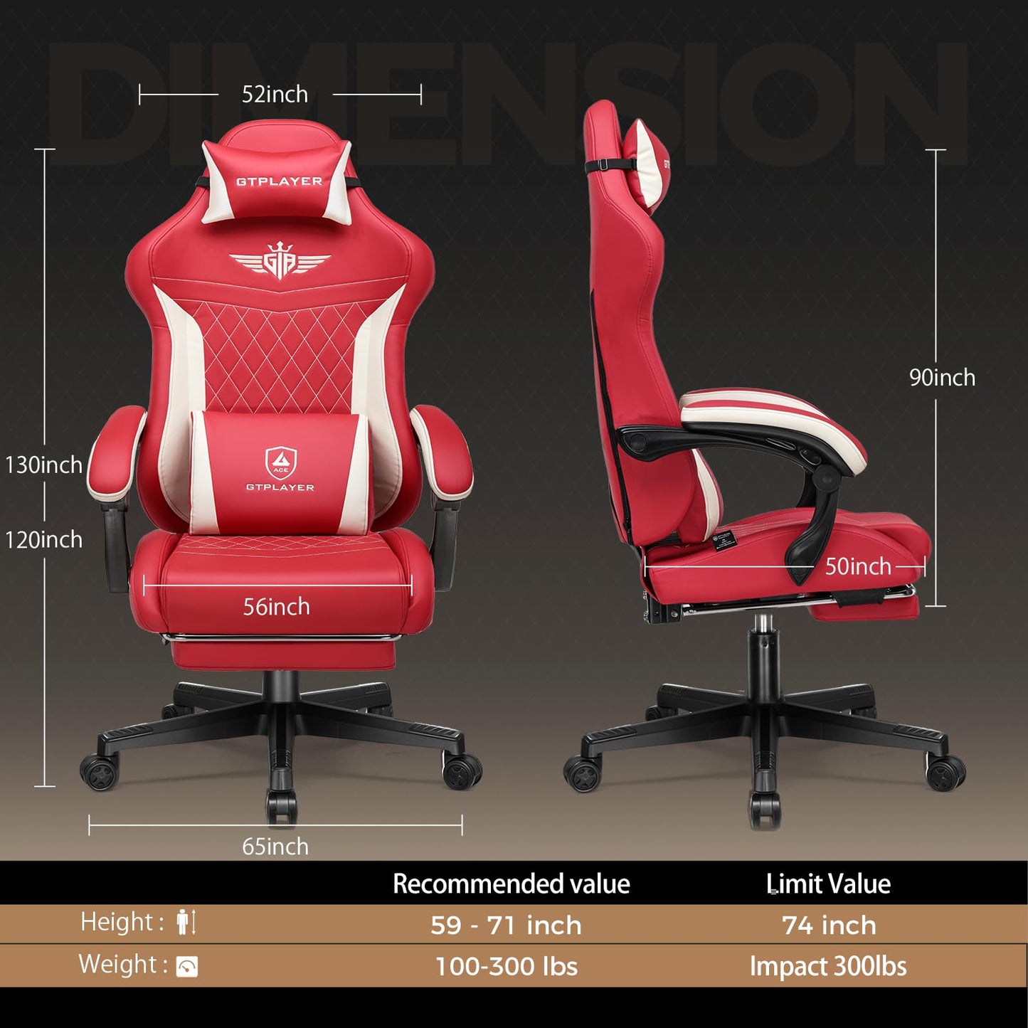 GTPLAYER Gaming Chair with Footrest, Big and Tall Game Chair High Back Computer Office Chair with Lumbar Support for Adults, Ergonomic Swivel Games Chair with Cushion Gaming, Leather Red