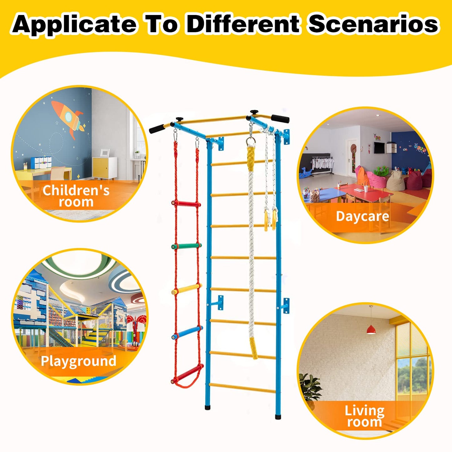 TONGMO Indoor Climbing Playground, Jungle Gym for Kids, Metal Swedish Ladder & Climbing Wall Playset, Sturdy Playground with Rope Ladder, Pull-up Bar, and Gymnastic Rings