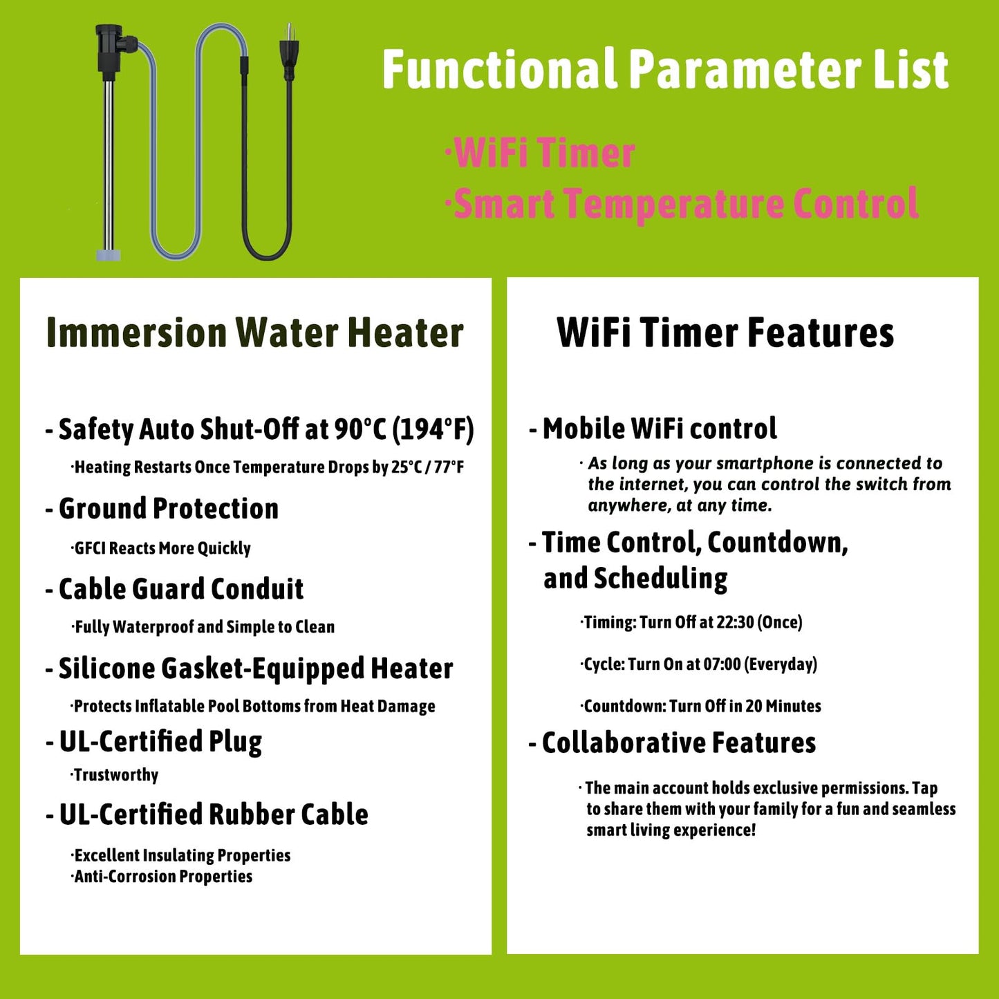 LINGLONGTEMP 240V 3500W Submersible Immersion Water Heater for Hot Tub & Pool – Portable Electric Heater with Temp Control & Wifi Timer for Bathtub, Inflatable Pool, Above Ground Pool, Baptistry & Sap